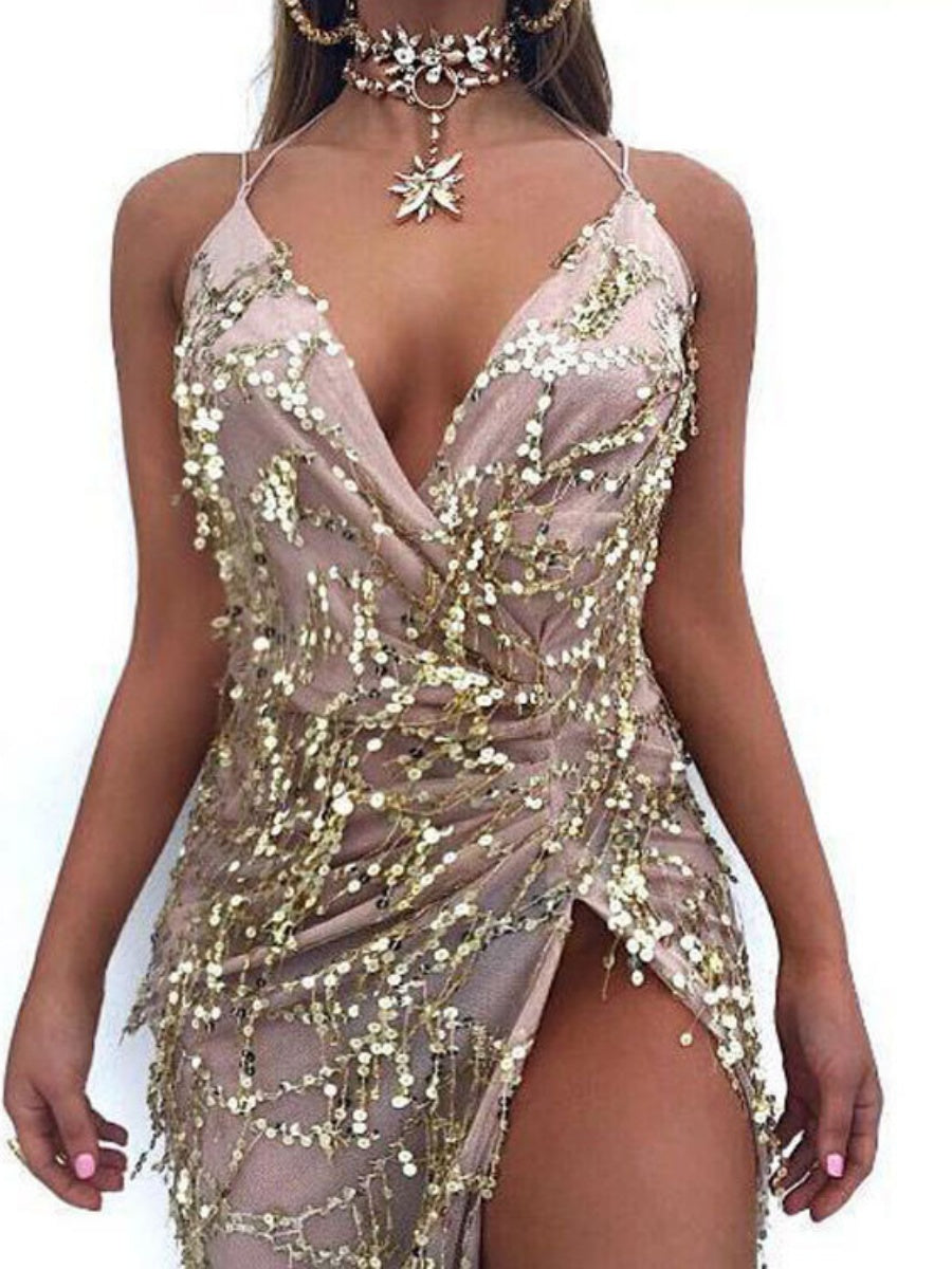 V-neck Sexy Backless Sequined Halter Dress With Floor-length Slit Skirt