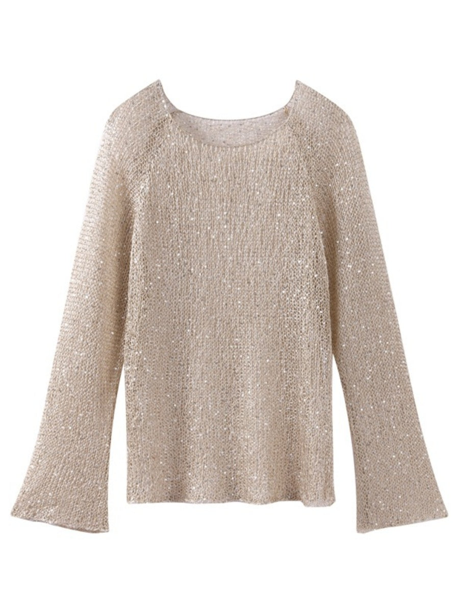 Sequined Cutout Long-sleeved Pullover See-through Top