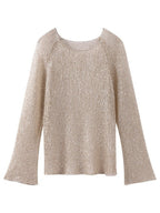 Sequined Cutout Long-sleeved Pullover See-through Top