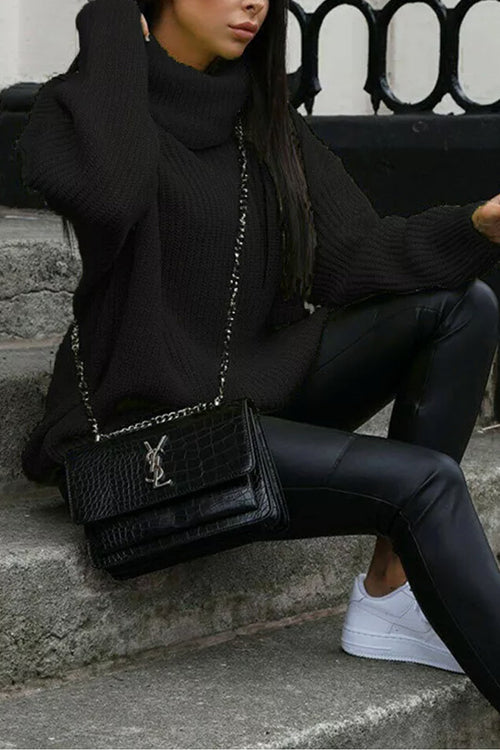 Turtleneck Drop Shoulder Loose Fit Ribbed Knit Sweater