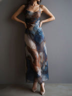 Printed Gradient Hip-hugging Mesh Camisoles Maxi Dresses