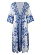 V-neck Short-sleeved Printed Maxi Dress