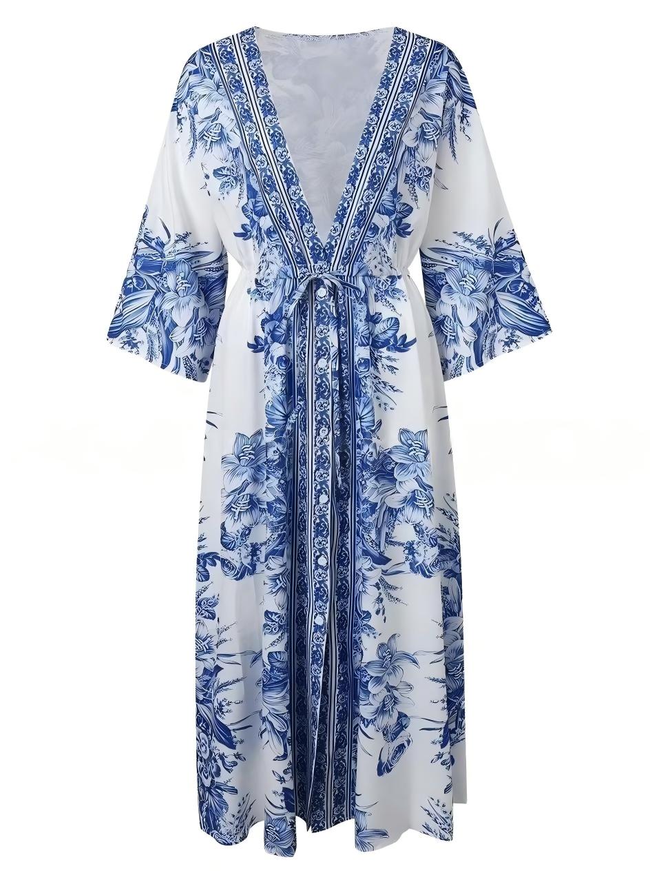 V-neck Short-sleeved Printed Maxi Dress