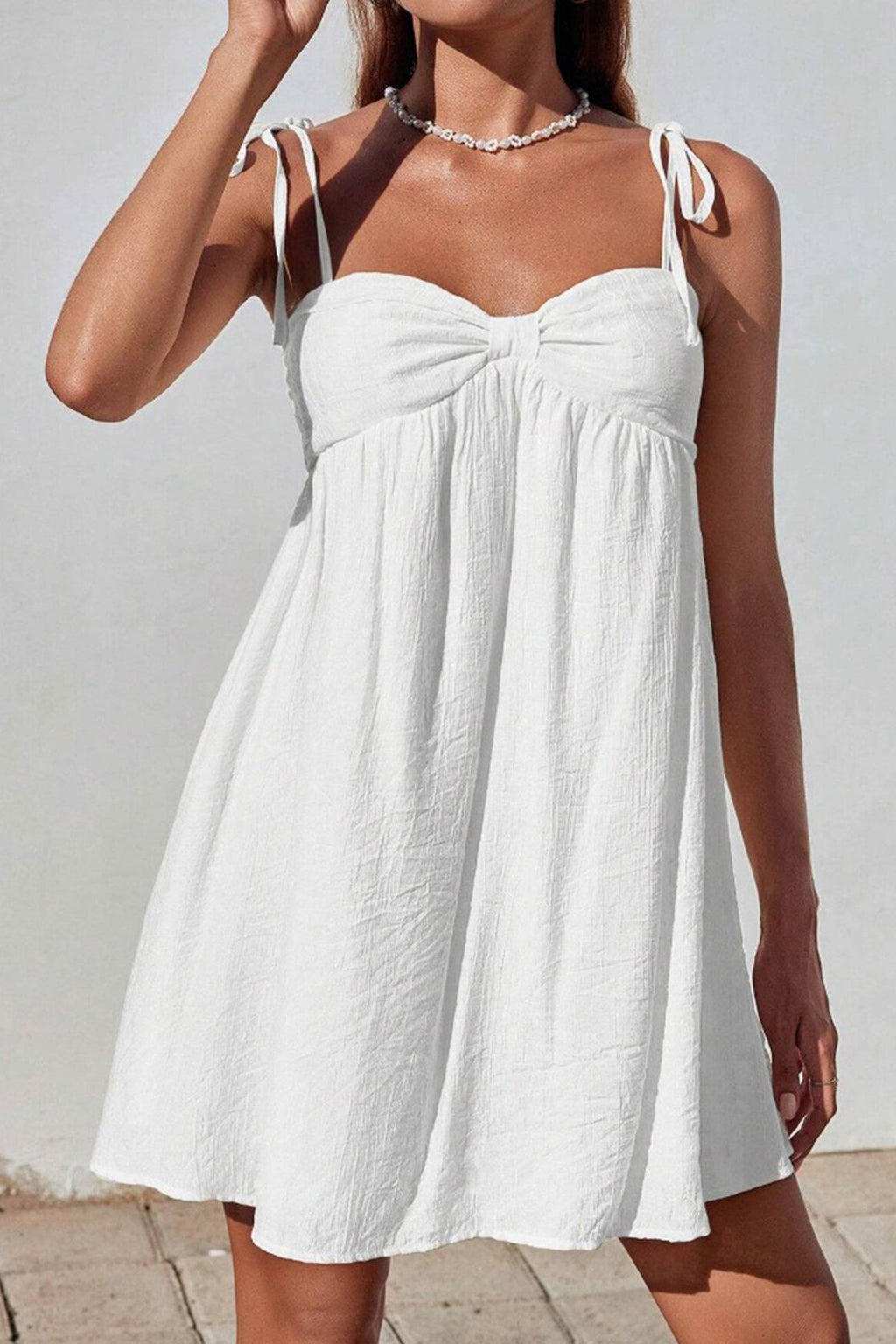 Tie Shoulder Sweetheart Gathered Bust Knot Detail Empire Waist Babydoll Mini Dress