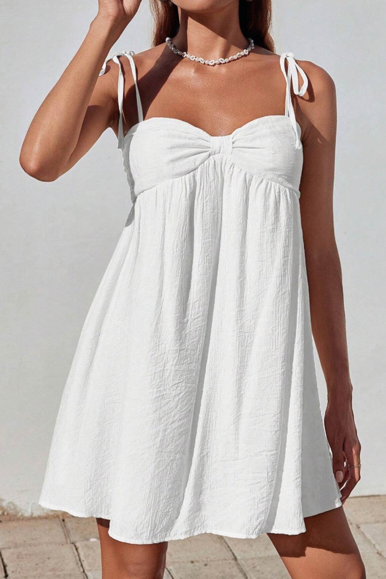 Tie Shoulder Sweetheart Gathered Bust Knot Detail Empire Waist Babydoll Mini Dress