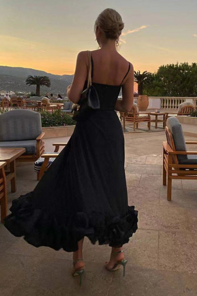Spaghetti Strap Scoop Neck Flounce Ruffle Hem A-Line Midi Dress