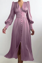 Deep V-Neck Bishop Sleeve Button Front Smocked Waist Midi Dress