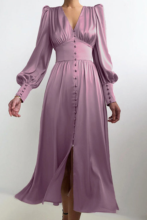 Deep V-Neck Bishop Sleeve Button Front Smocked Waist Midi Dress