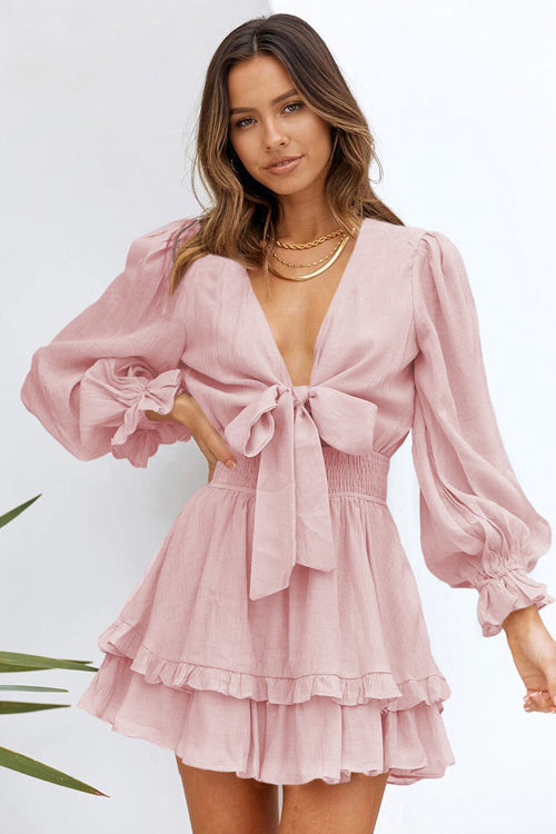 Tie Front Puff Sleeve Smocked Waist Tiered Ruffle Mini Set