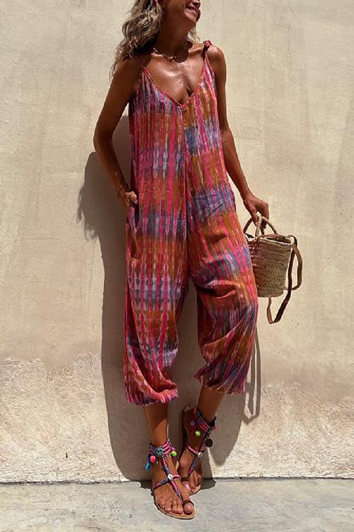 V Neck Tie Shoulder Pockets Tie Dye Cami Jumpsuit