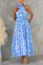 Bow Neck Halter Backless Floral Print Maxi Dress