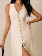 V-neck Button Temperament Slit Sleeveless Maxi Dresses