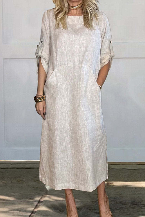 Rolled Up Sleeves Pocketed Cotton Linen Maxi Shift Dress