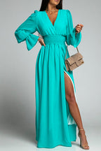 V Neck Long Sleeve Smocked Waist Maxi Slit Dress