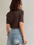Hollow Crochet Lapel Short Sleeve Knitwear T-shirts