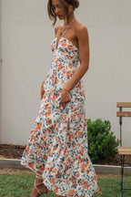 Floral Print Halter Deep V-Neck Tiered Ruffle Maxi Dress