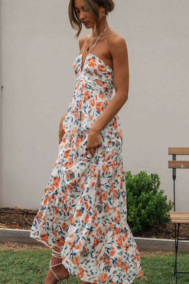 Floral Print Halter Deep V-Neck Tiered Ruffle Maxi Dress