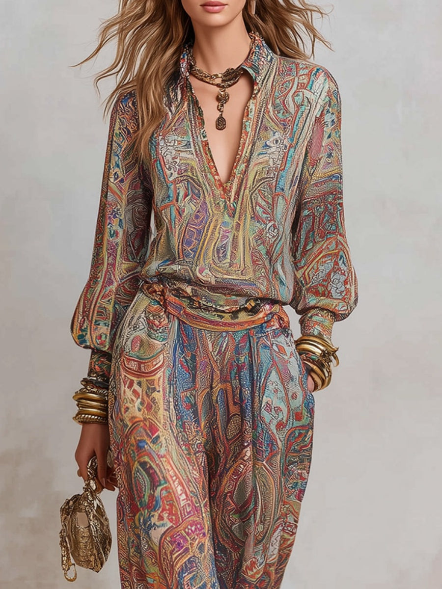 Hippie Style Exotic Style Printed Shirt Printed Wide-leg Pants Set 2-piece Sets