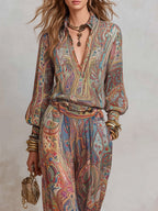 Hippie Style Exotic Style Printed Shirt Printed Wide-leg Pants Set 2-piece Sets
