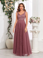 V-neck Embroidery Sequins Elegant Gauze Formal Dress Maxi Dresses