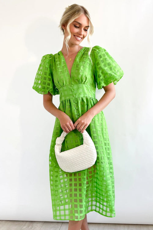 Puff Sleeve Sheer Grid Check Empire Waist Button Front Midi Dress