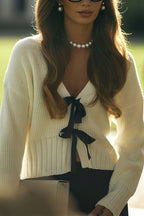 V Neck Bow Tie Front Elegant Sweater