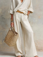 Casual Natural Linen Loose V-neck Vacation Two-piece Set