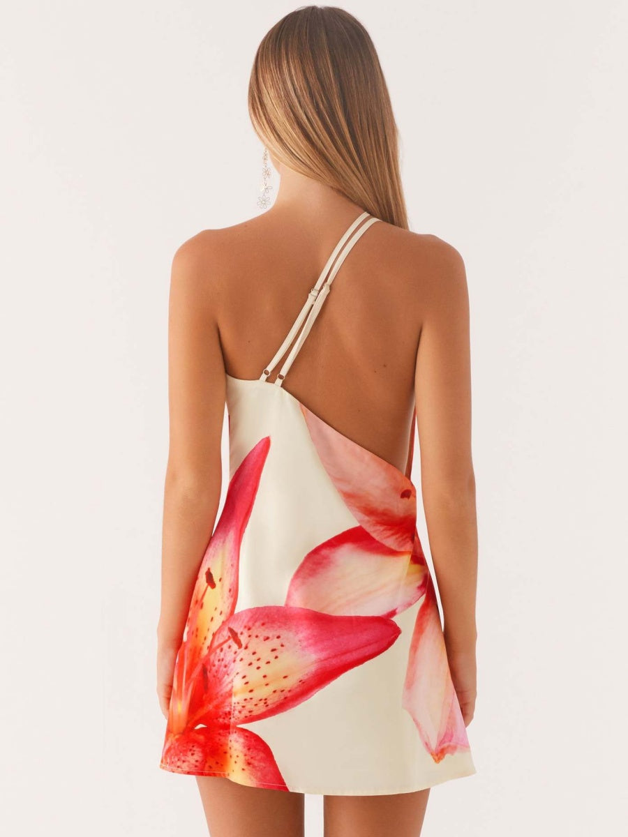 One-shoulder Floral Print Halter Dress With A Flared Neckline