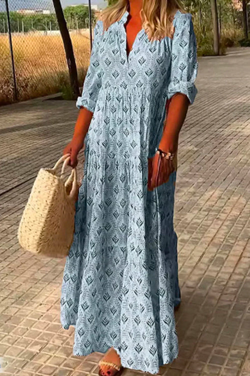 V Neck Long Sleeves Tiered Printed Maxi Dress