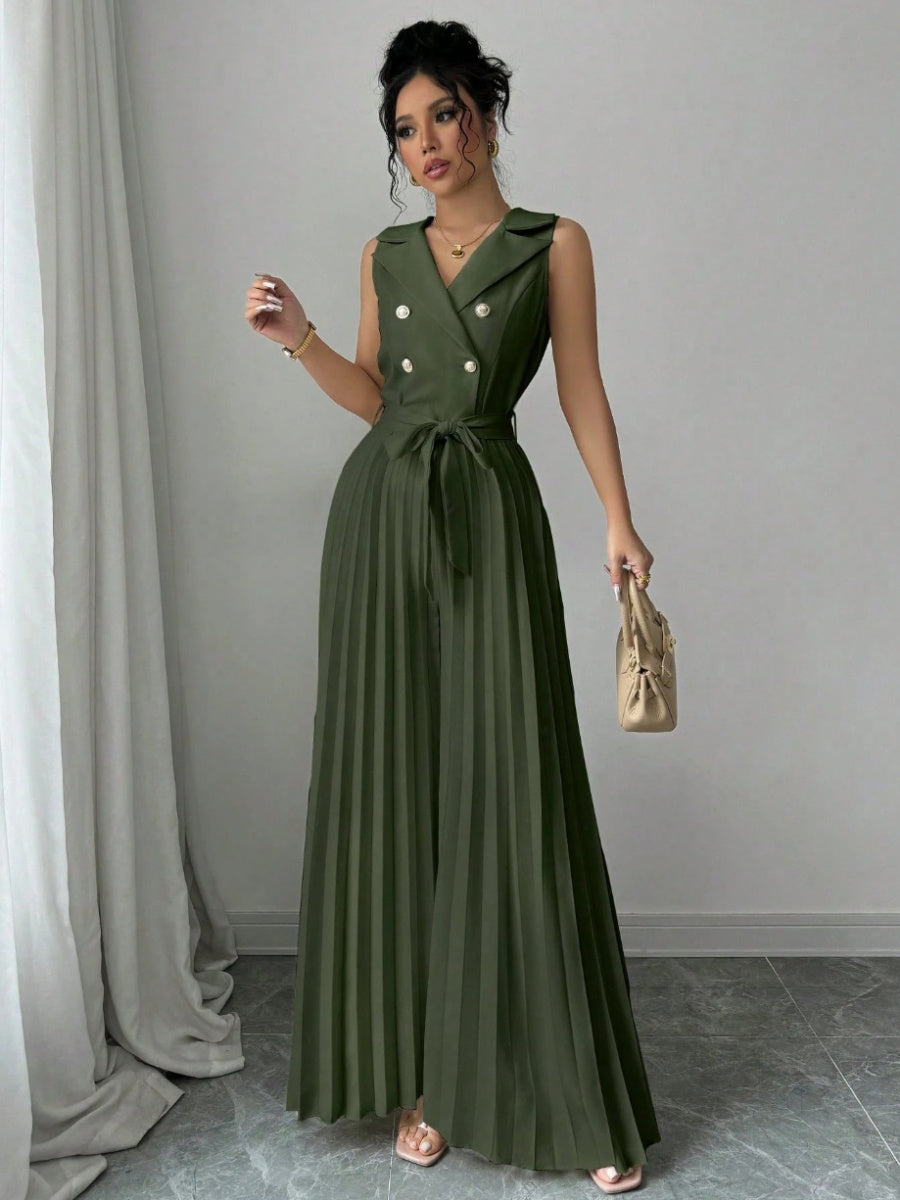 Commuting Suit Collar Pleated Pants Double-breasted Jumpsuits