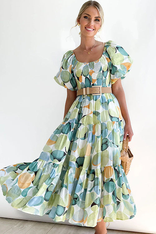 Off Shoulder Smocked Tiered Abstract Circle Print Maxi Dress