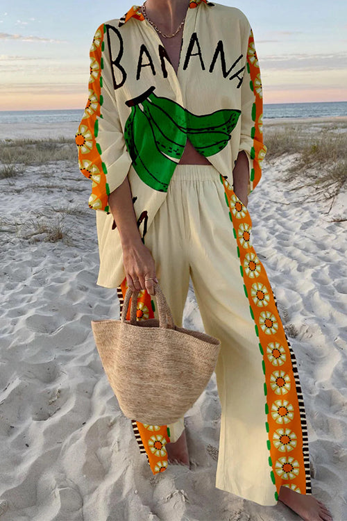 Banana Print Long Sleeves Blouse Shirt Wide Leg Pants Resort Wear Set