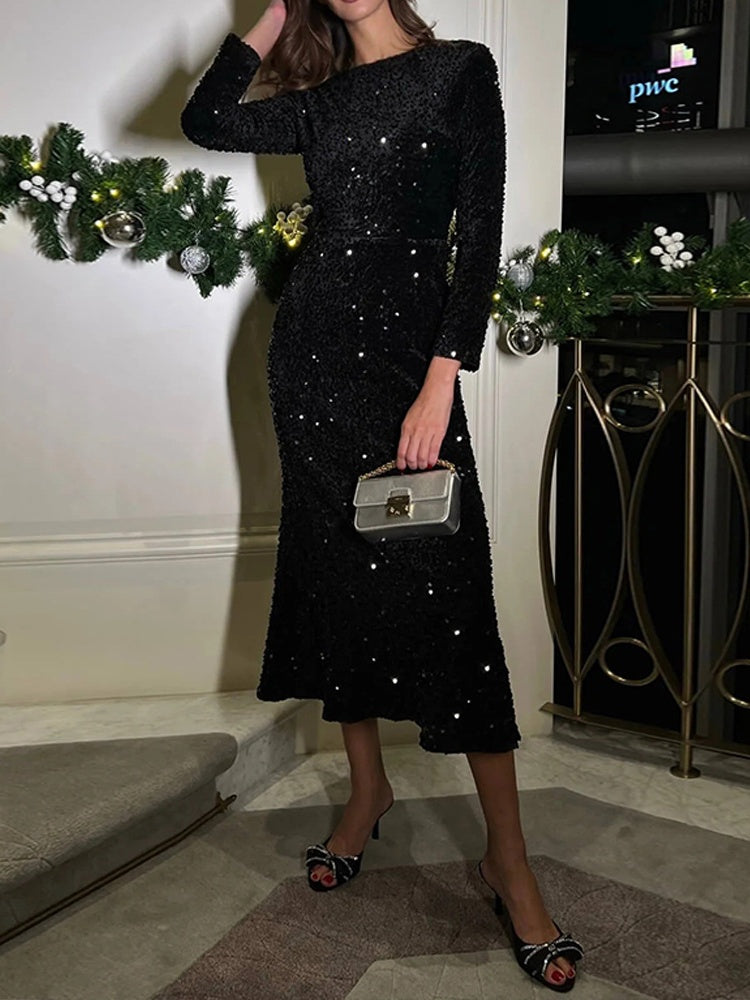 Slim Fit Velvet Sequins Long Sleeve Maxi Dresses