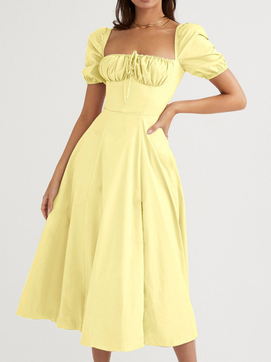 Square Collar Bandage Puff Sleeve Slit Midi Dresses