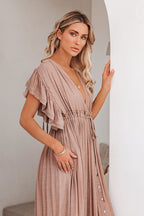 Plunging V-Neck Flutter Sleeve Tie Front Button Pocket Maxi Dress