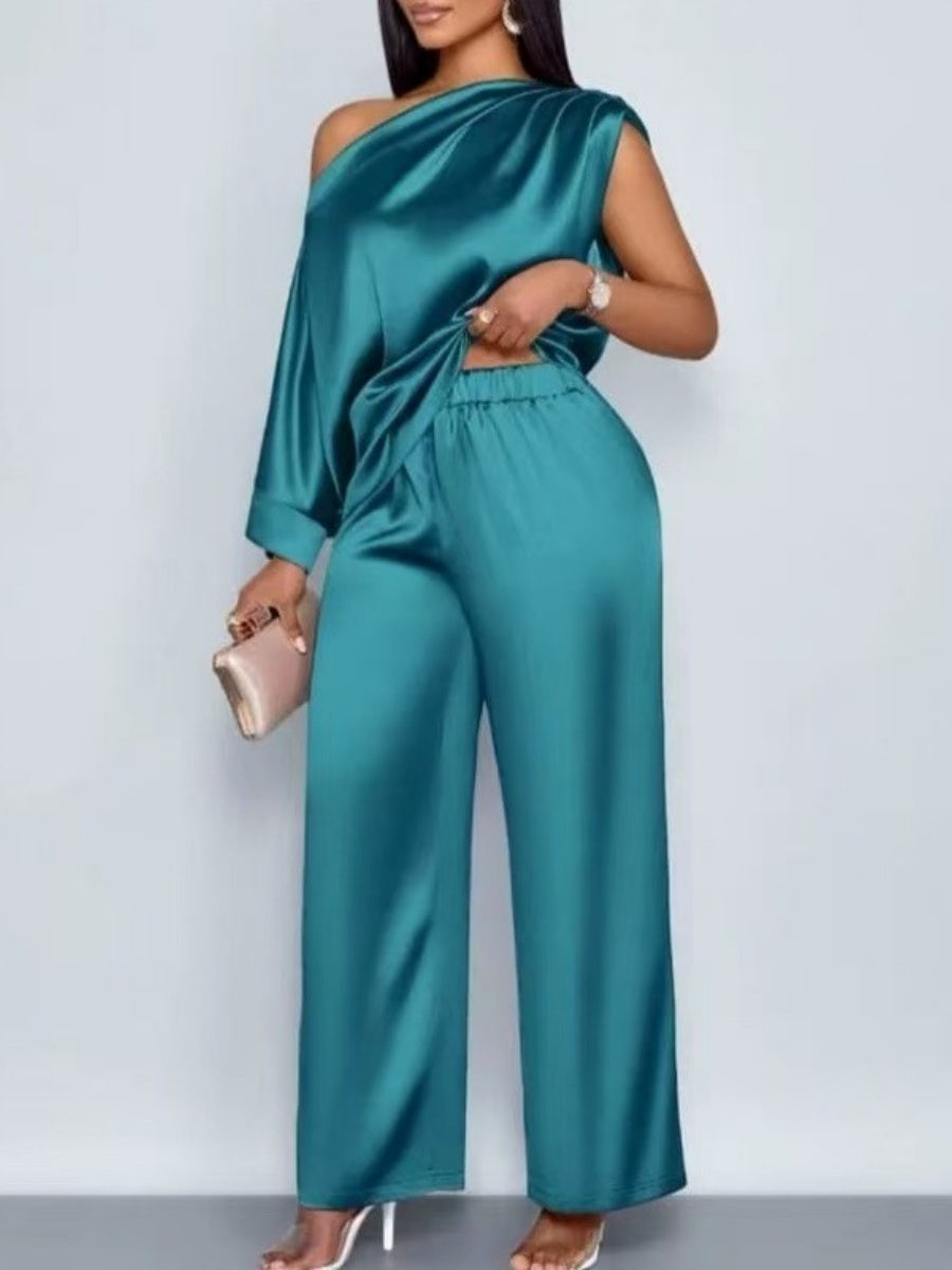 Satin Sloping Shoulders Short Sleeve Jacket Wide-leg Pants Set 2-piece Sets
