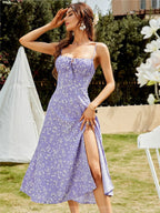 V-neck Bandage Camisoles Floral Slit Vacation And Leisure Maxi Dresses