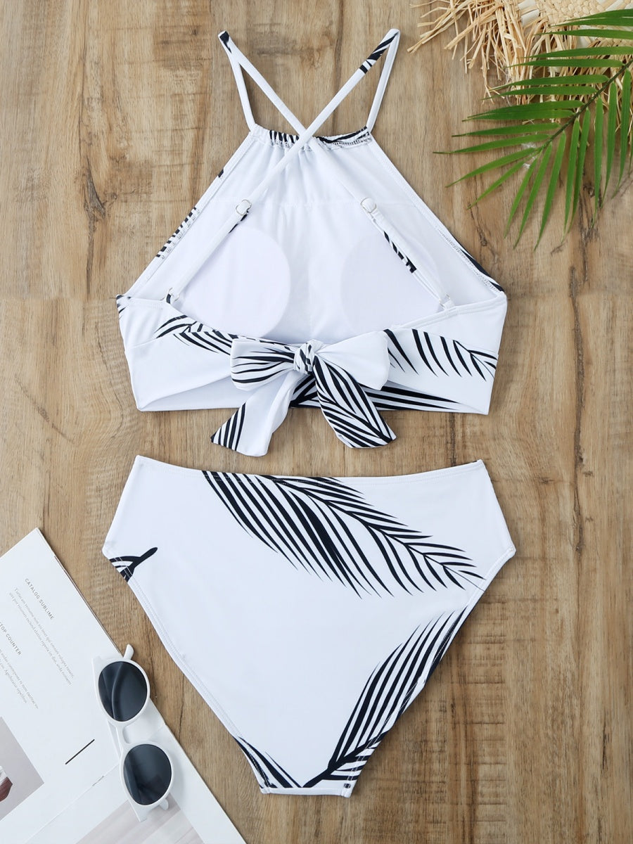 Feather Print Two-Piece Swimsuit With Sun Protection And Skirt (Three-Piece Set)