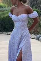 Floral Puff Sleeve Tie-back Slit Dress