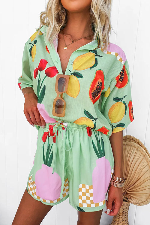 Resort Print Short Sleeves Blouse Shirt Elastic Waist Shorts Set