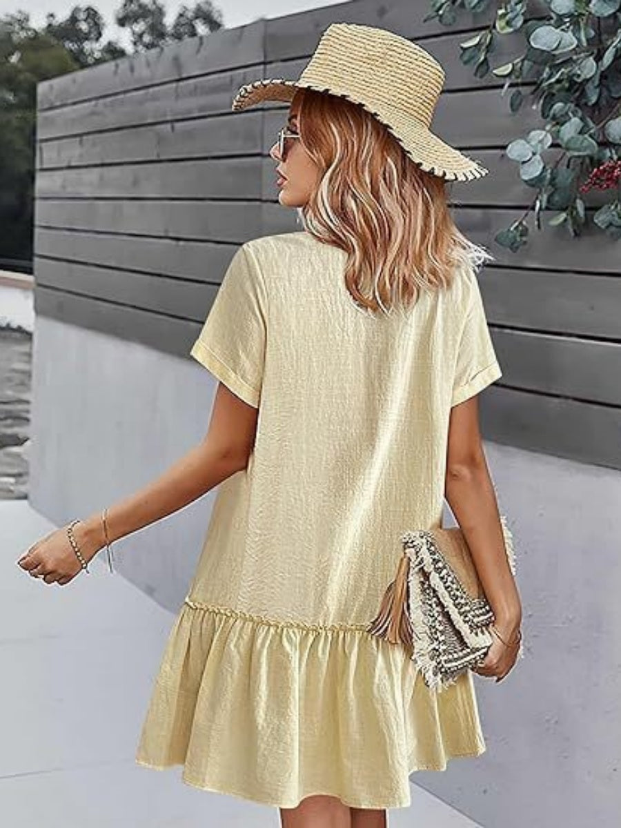 Single Row V-neck Loose-fit Short Sleeve Mini&Short Dresses