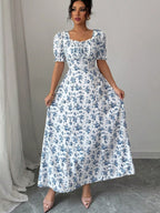 Floral Print Puff Sleeve Ruffle Long Dress