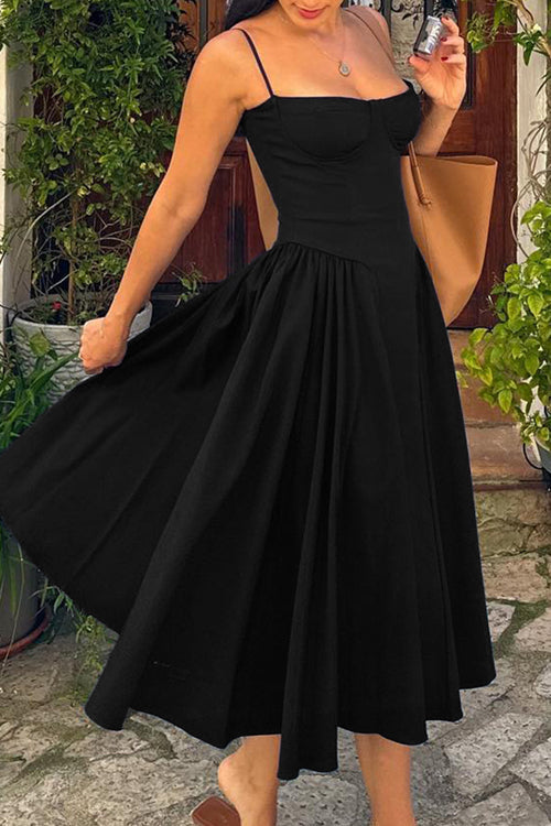 Corset Bustier Spaghetti Strap Basque Waist Gathered Full Midi Dress
