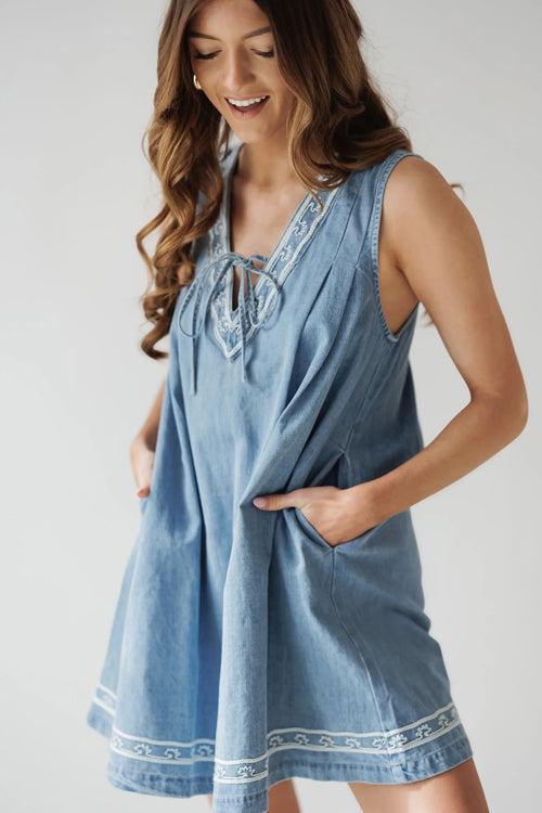 Embroidered V-Neck Tie Drawstring Lace Trim Pocket Chambray Mini Dress