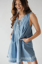 Embroidered V-Neck Tie Drawstring Lace Trim Pocket Chambray Mini Dress