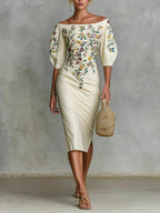Off Shoulder Off-shoulder Printed Half Sleeves Hip-hugging Temperament Midi Dresses
