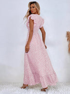 Floral Lotus Leaf Sleeves V-neck Vacation And Leisure Maxi Dresses