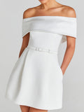 Off Shoulder Belts Formal Dress White Black Mini&Short Dresses