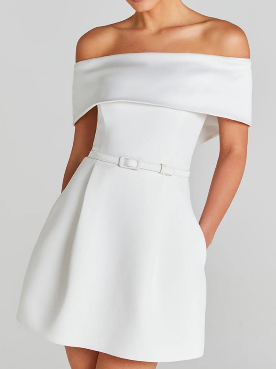 Off Shoulder Belts Formal Dress White Black Mini&Short Dresses