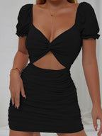 Hollow-out Pleated Puff Sleeve Bodycon Mini Dress
